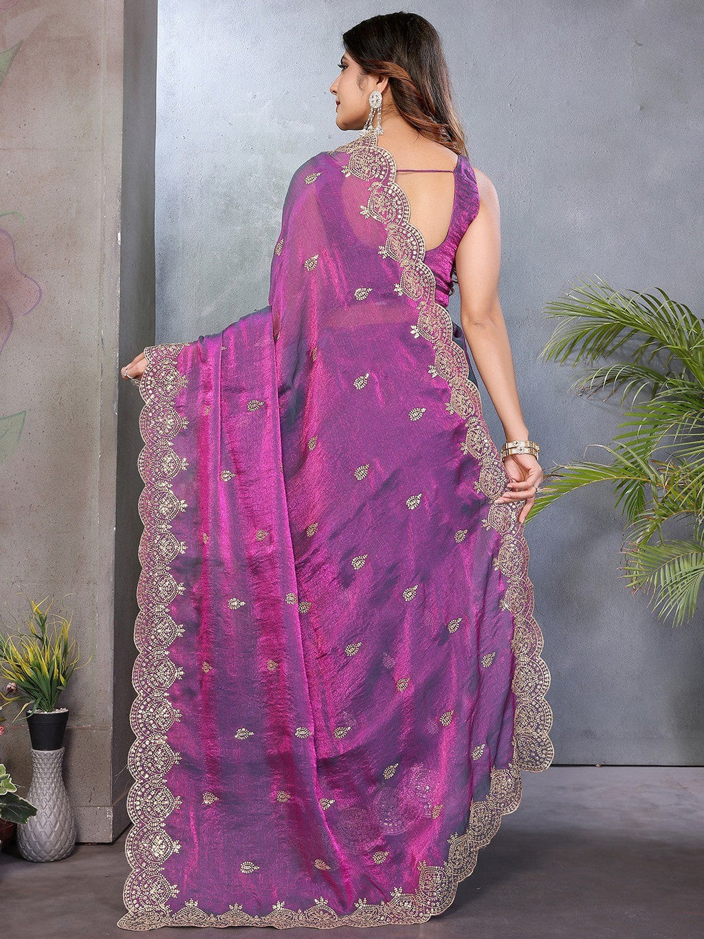 Designer Purple Sequins Embroidered Organza Chiffon Silk Saree With Luxe Finish