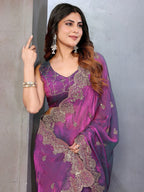 Designer Purple Sequins Embroidered Organza Chiffon Silk Saree With Luxe Finish