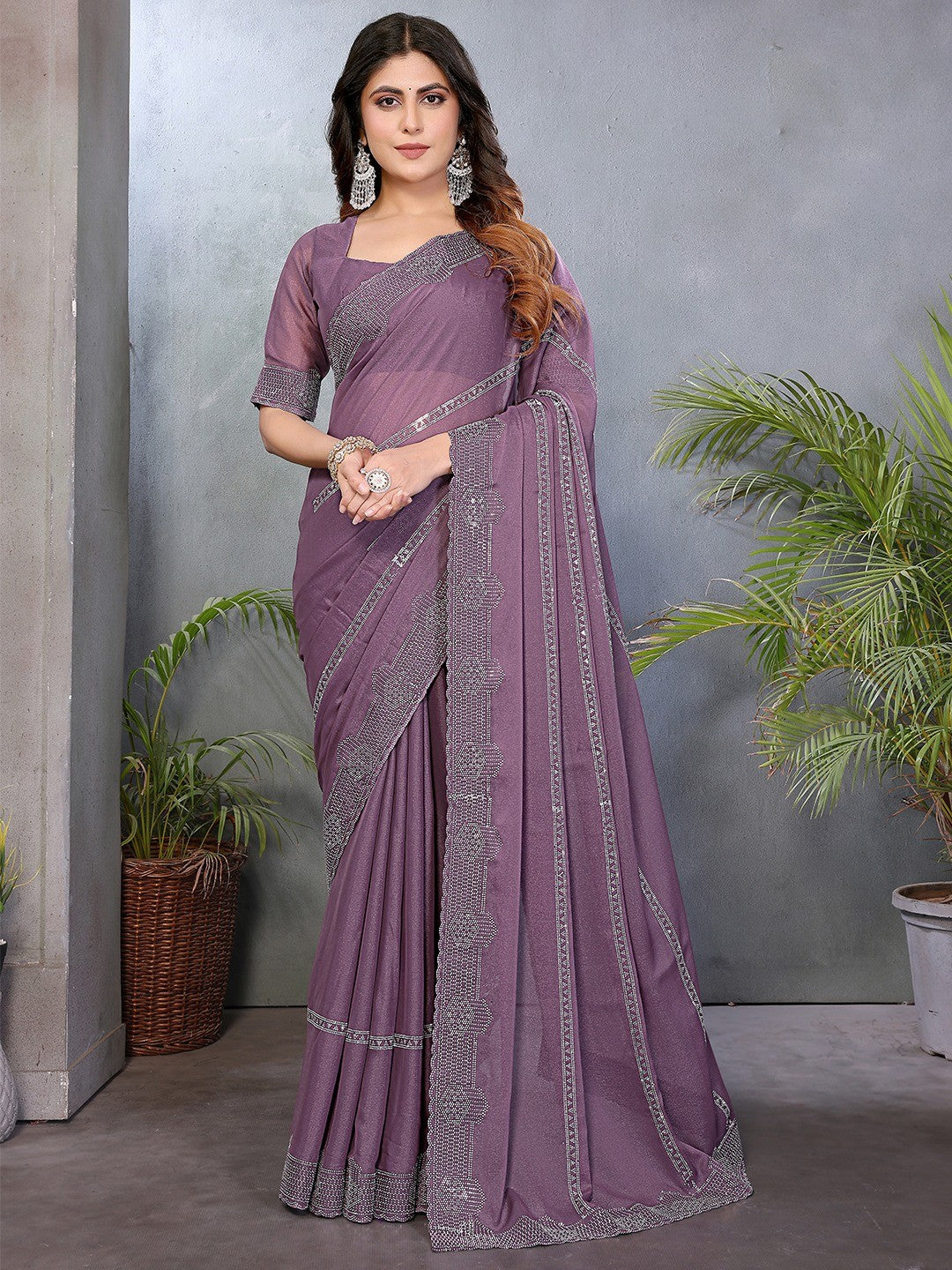 Designer Purple Star Georgette Saree Featuring Intricate Swarovski Embellishment Work