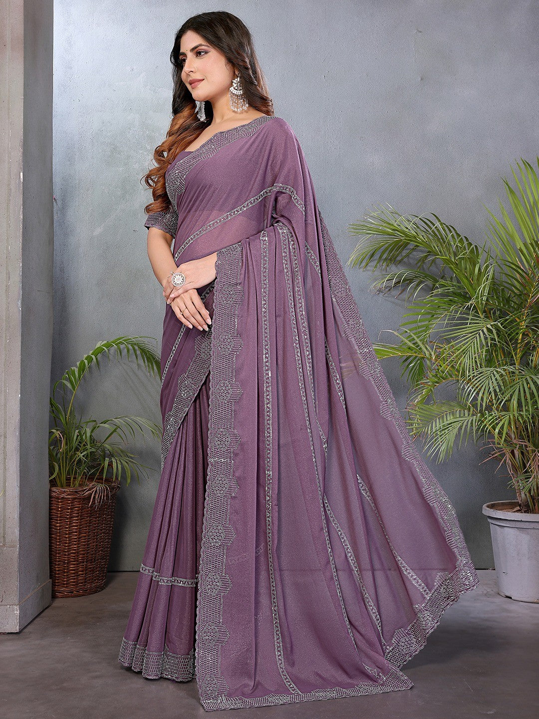 Designer Purple Star Georgette Saree Featuring Intricate Swarovski Embellishment Work