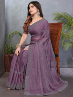Designer Purple Star Georgette Saree Featuring Intricate Swarovski Embellishment Work