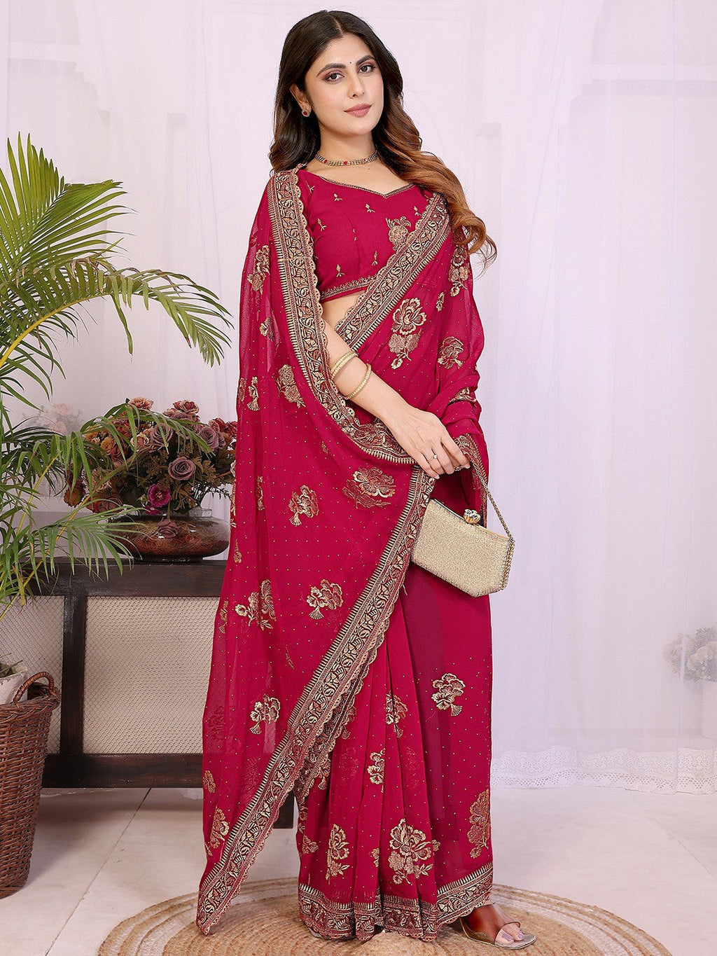 Premium Rani Pink Floral Zari Embroidered Star Georgette Saree With Sparkling Swarovski Work