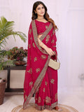 Premium Rani Pink Floral Zari Embroidered Star Georgette Saree With Sparkling Swarovski Work