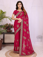 Premium Rani Pink Floral Zari Embroidered Star Georgette Saree With Sparkling Swarovski Work