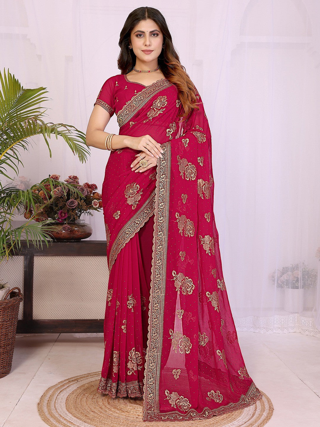 Premium Rani Pink Floral Zari Embroidered Star Georgette Saree With Sparkling Swarovski Work