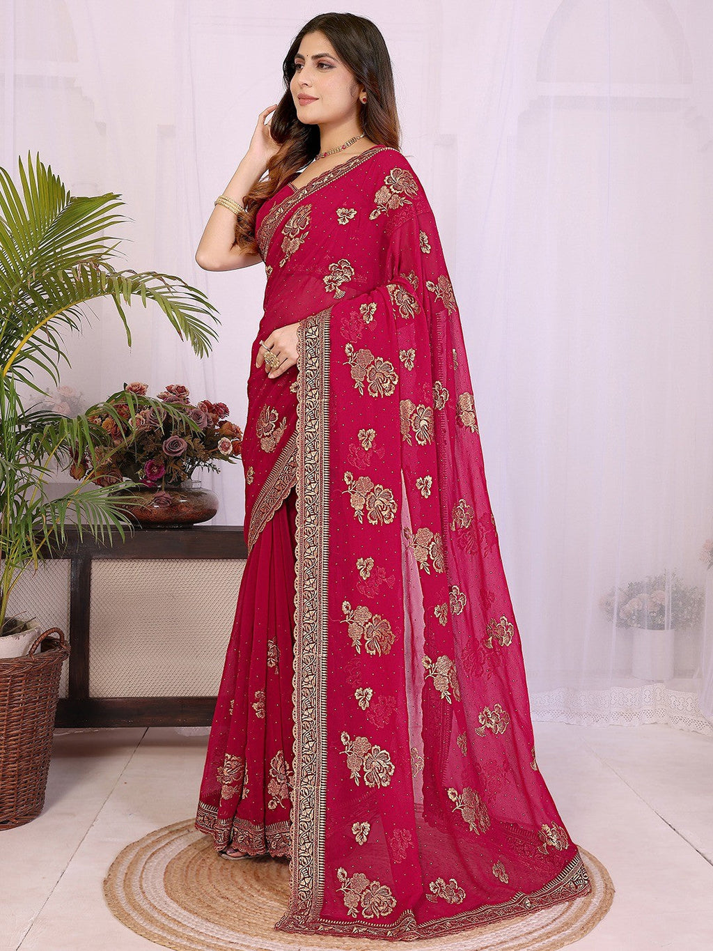 Premium Rani Pink Floral Zari Embroidered Star Georgette Saree With Sparkling Swarovski Work