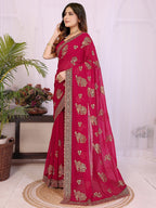 Premium Rani Pink Floral Zari Embroidered Star Georgette Saree With Sparkling Swarovski Work