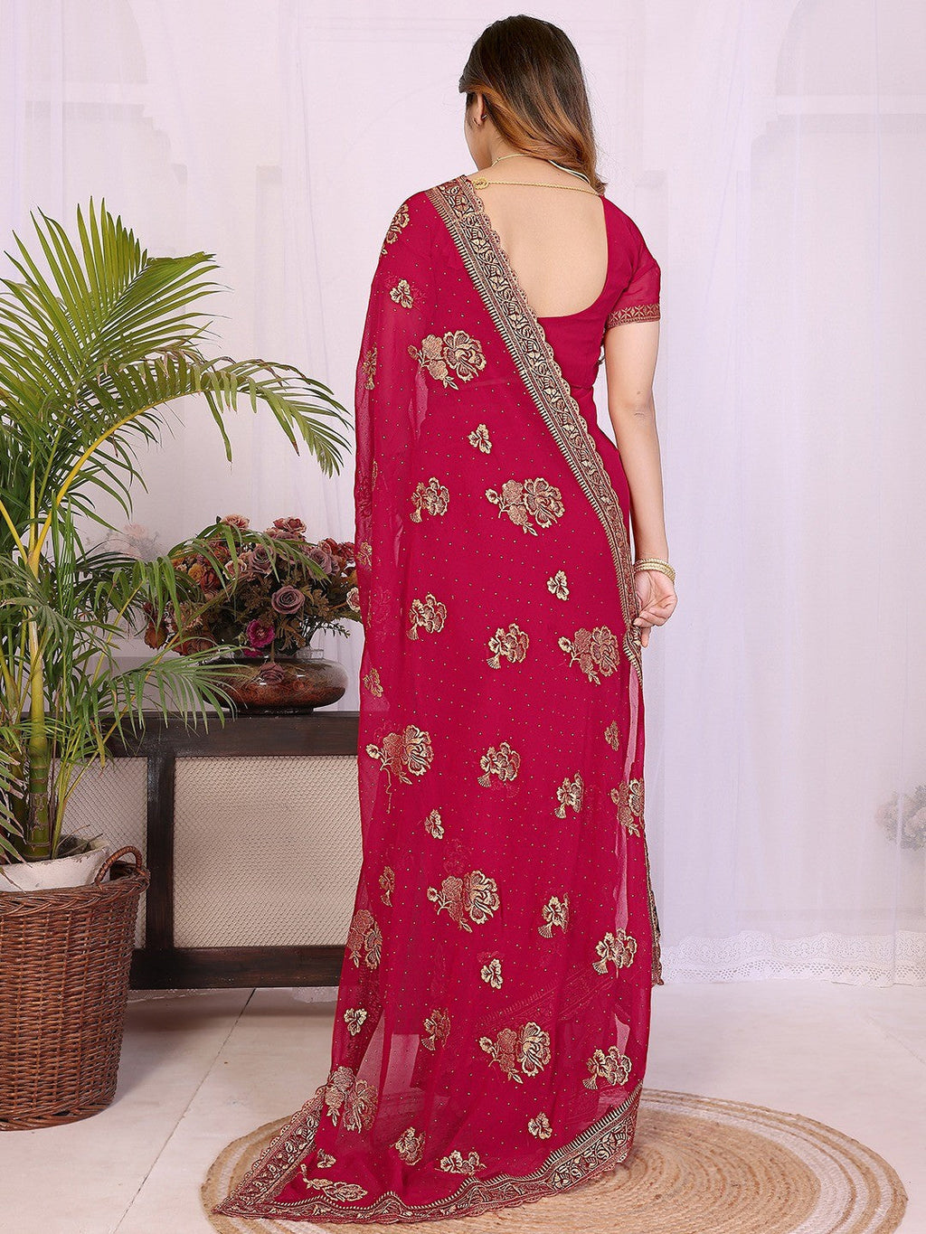 Premium Rani Pink Floral Zari Embroidered Star Georgette Saree With Sparkling Swarovski Work