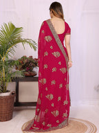 Premium Rani Pink Floral Zari Embroidered Star Georgette Saree With Sparkling Swarovski Work