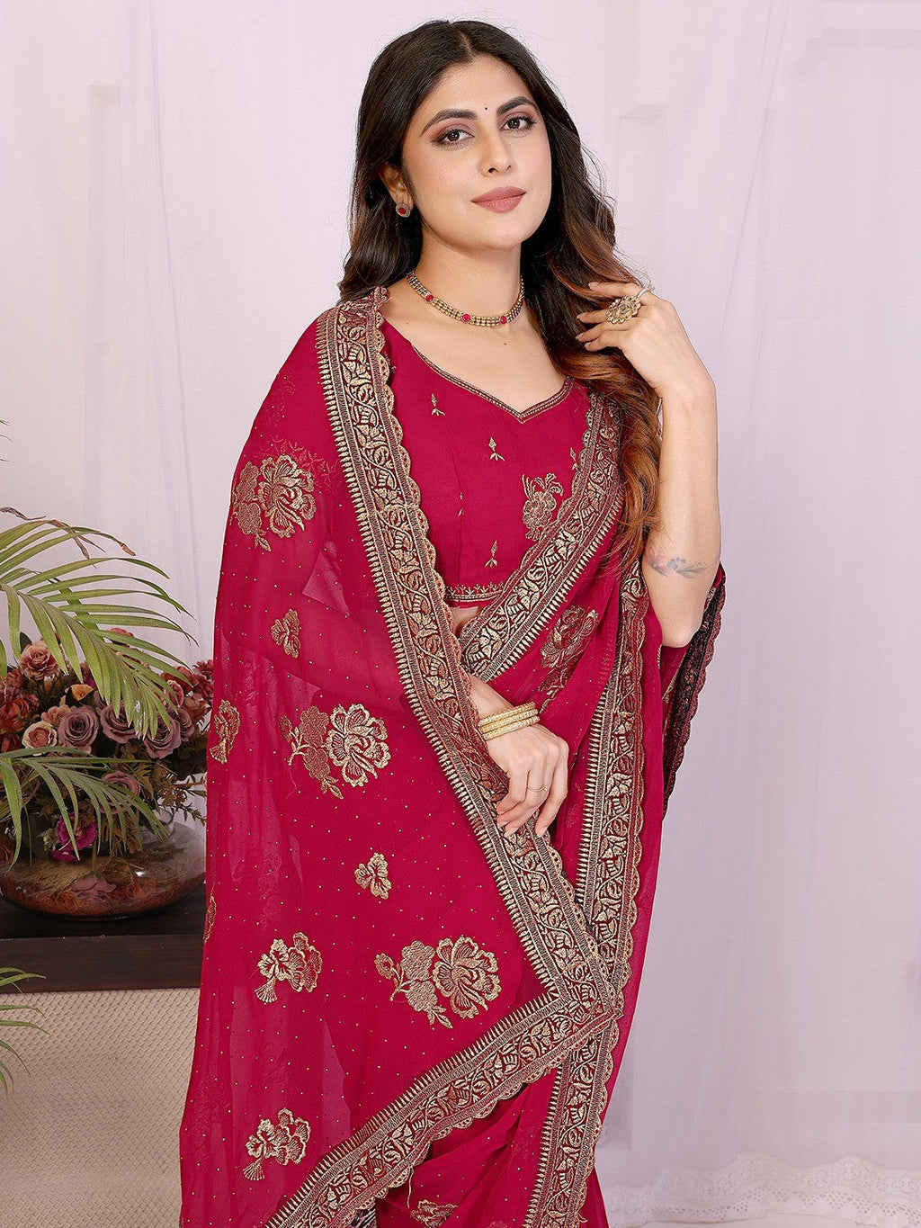 Premium Rani Pink Floral Zari Embroidered Star Georgette Saree With Sparkling Swarovski Work