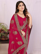 Premium Rani Pink Floral Zari Embroidered Star Georgette Saree With Sparkling Swarovski Work