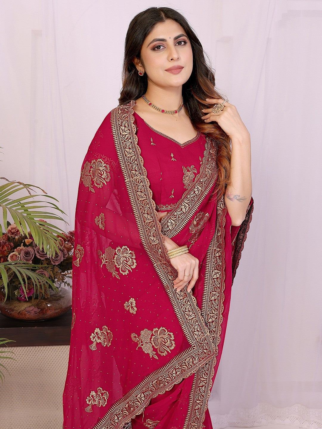 Premium Rani Pink Floral Zari Embroidered Star Georgette Saree With Sparkling Swarovski Work