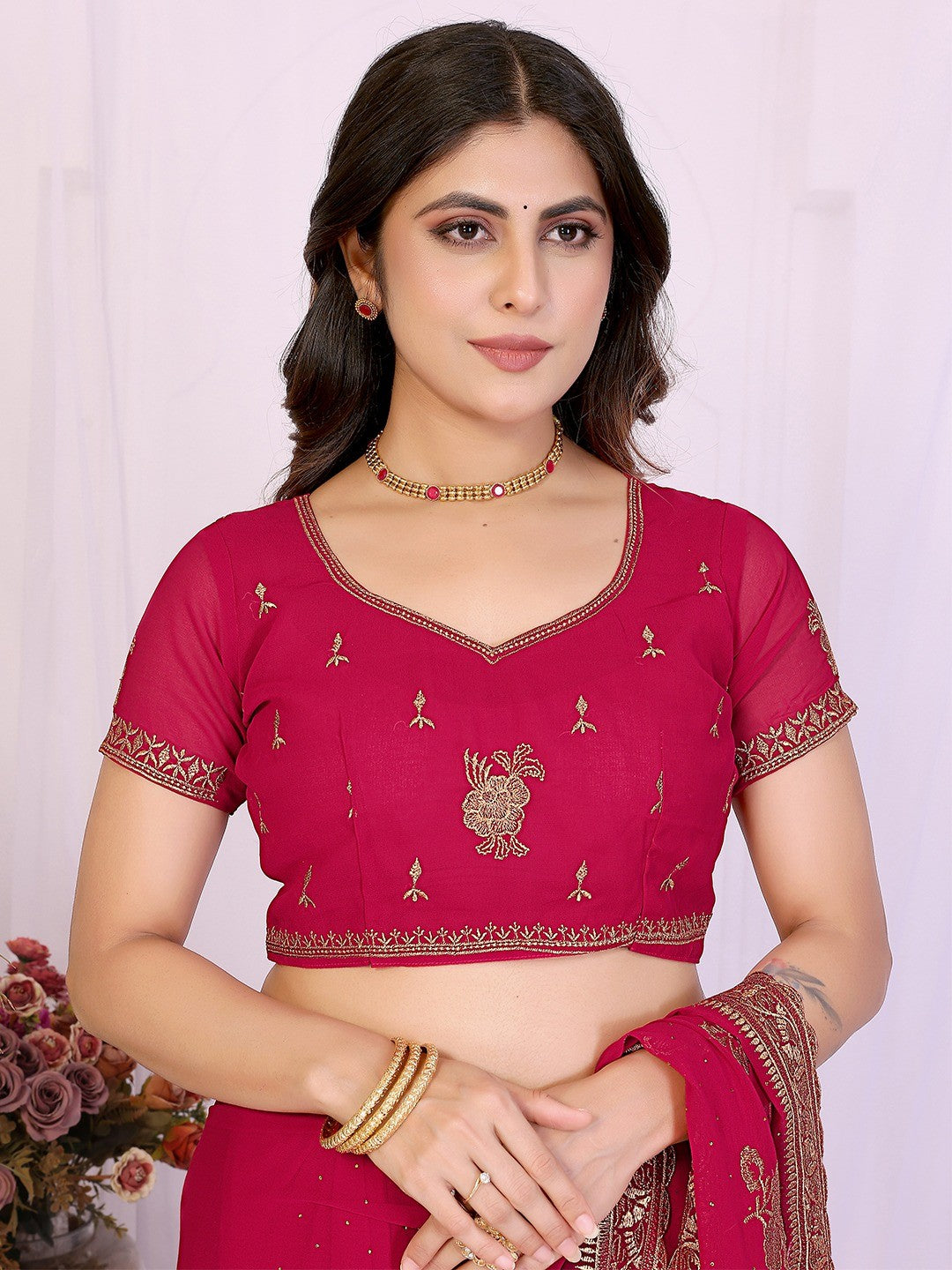 Premium Rani Pink Floral Zari Embroidered Star Georgette Saree With Sparkling Swarovski Work