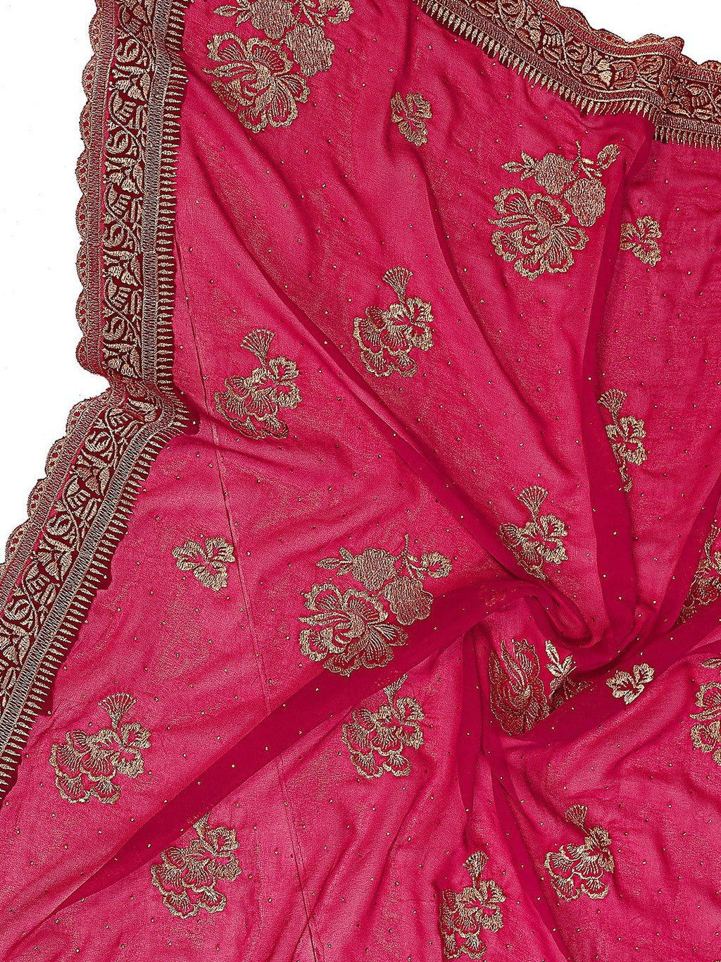 Premium Rani Pink Floral Zari Embroidered Star Georgette Saree With Sparkling Swarovski Work