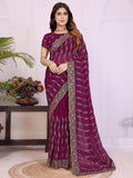 Sophisticated Wine Floral Zari Work Star Georgette Saree With Swarovski Embellishment