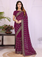 Sophisticated Wine Floral Zari Work Star Georgette Saree With Swarovski Embellishment