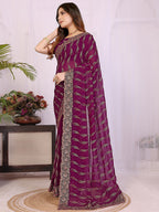 Sophisticated Wine Floral Zari Work Star Georgette Saree With Swarovski Embellishment