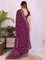 Sophisticated Wine Floral Zari Work Star Georgette Saree With Swarovski Embellishment