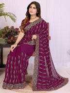 Sophisticated Wine Floral Zari Work Star Georgette Saree With Swarovski Embellishment