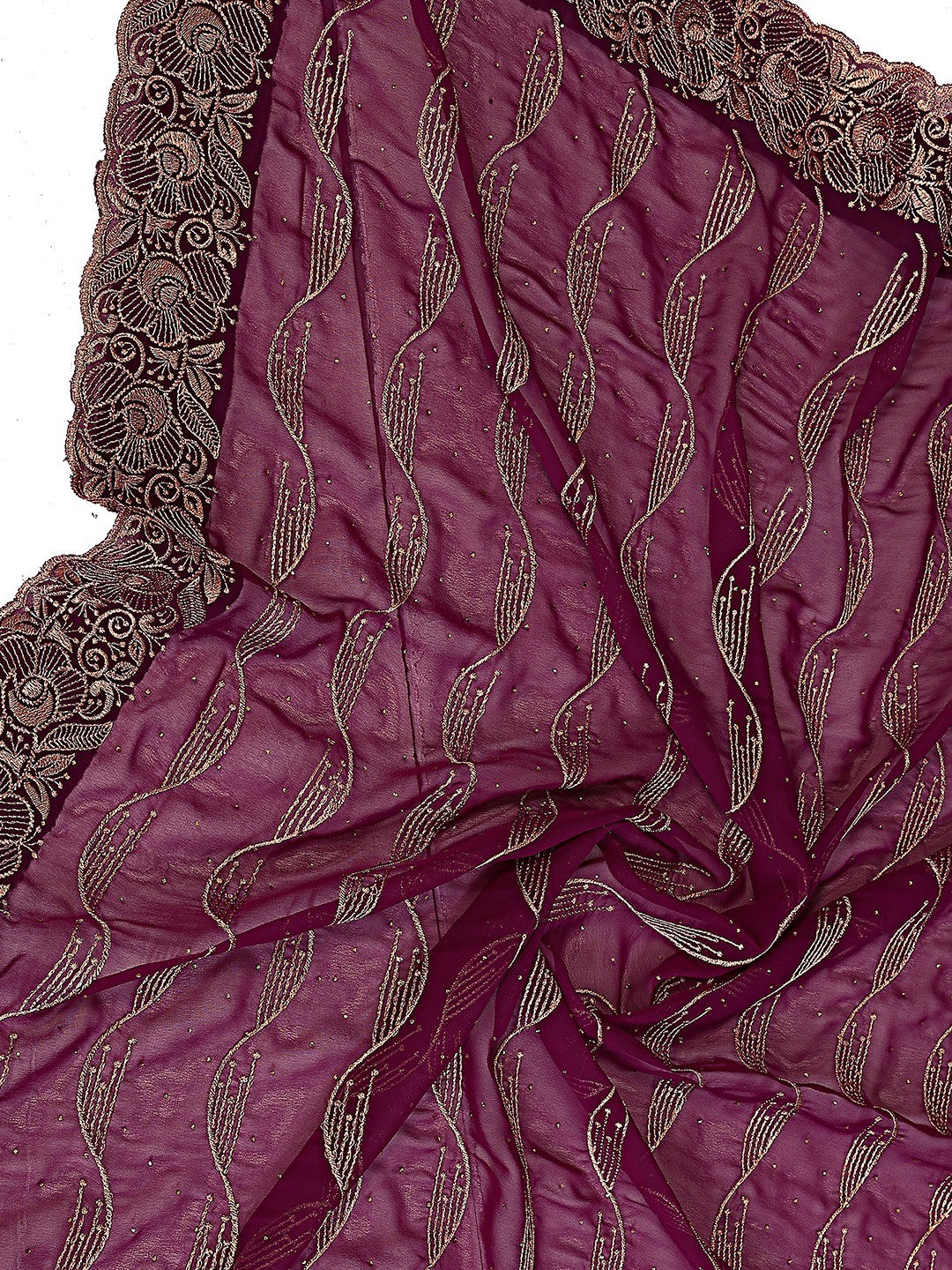 Sophisticated Wine Floral Zari Work Star Georgette Saree With Swarovski Embellishment