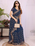 Sophisticated Navy Blue Floral Zari Work Star Georgette Saree With Swarovski Embellishment