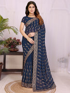 Sophisticated Navy Blue Floral Zari Work Star Georgette Saree With Swarovski Embellishment