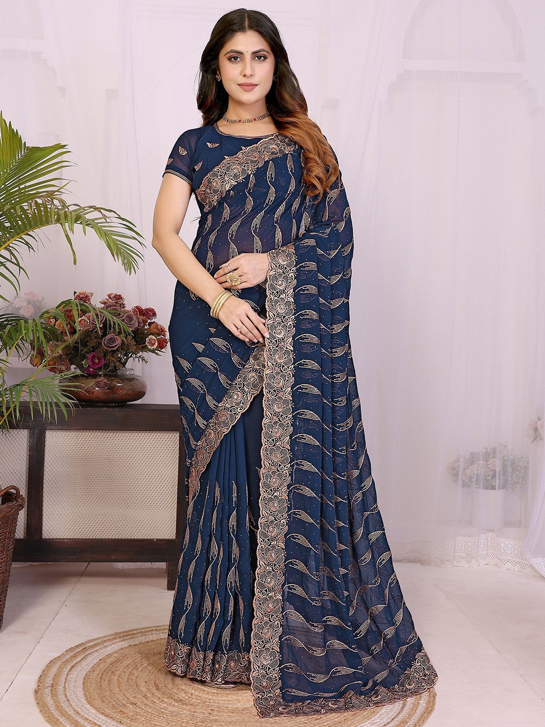 Sophisticated Navy Blue Floral Zari Work Star Georgette Saree With Swarovski Embellishment
