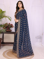Sophisticated Navy Blue Floral Zari Work Star Georgette Saree With Swarovski Embellishment