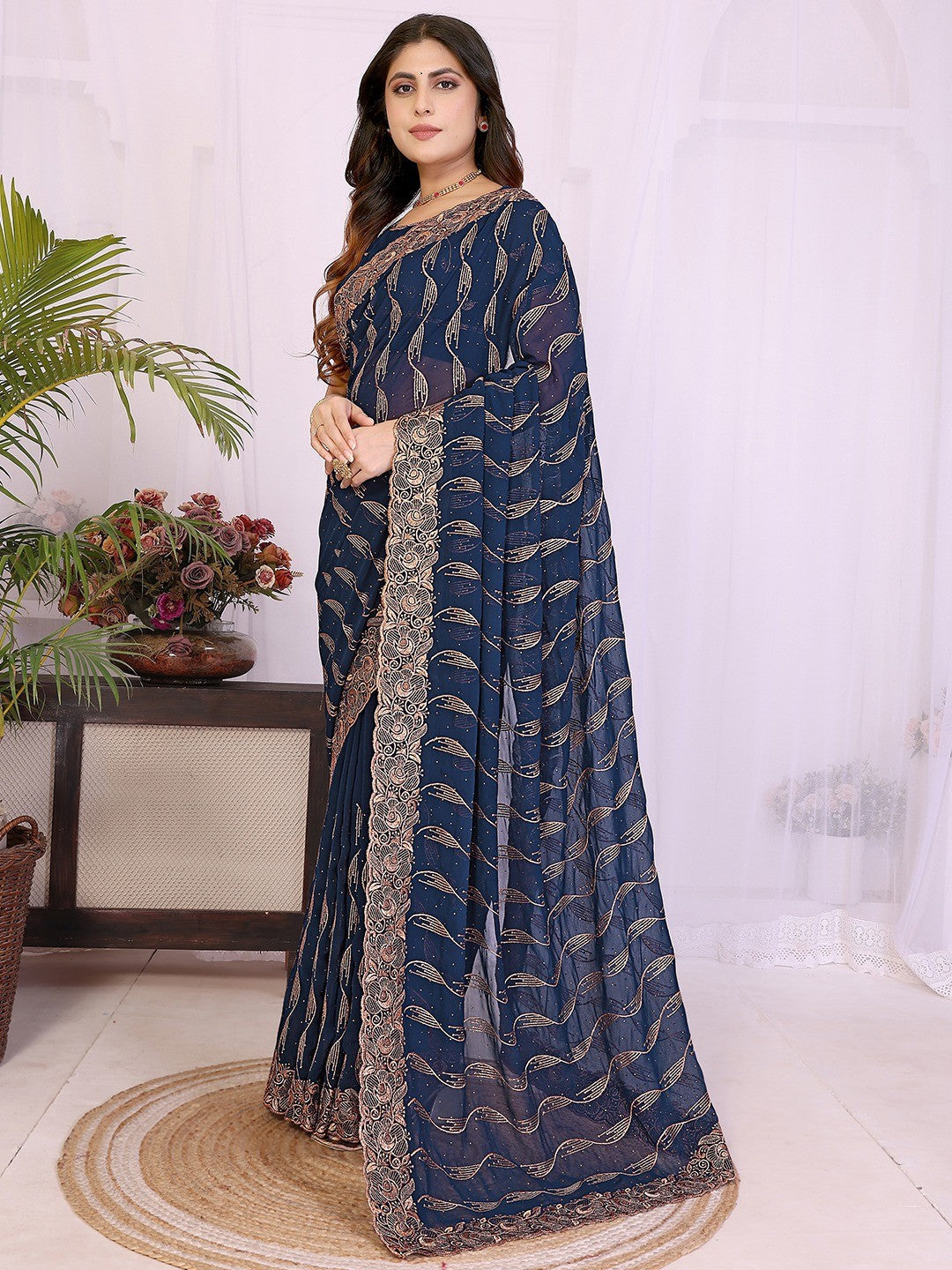 Sophisticated Navy Blue Floral Zari Work Star Georgette Saree With Swarovski Embellishment