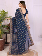 Sophisticated Navy Blue Floral Zari Work Star Georgette Saree With Swarovski Embellishment