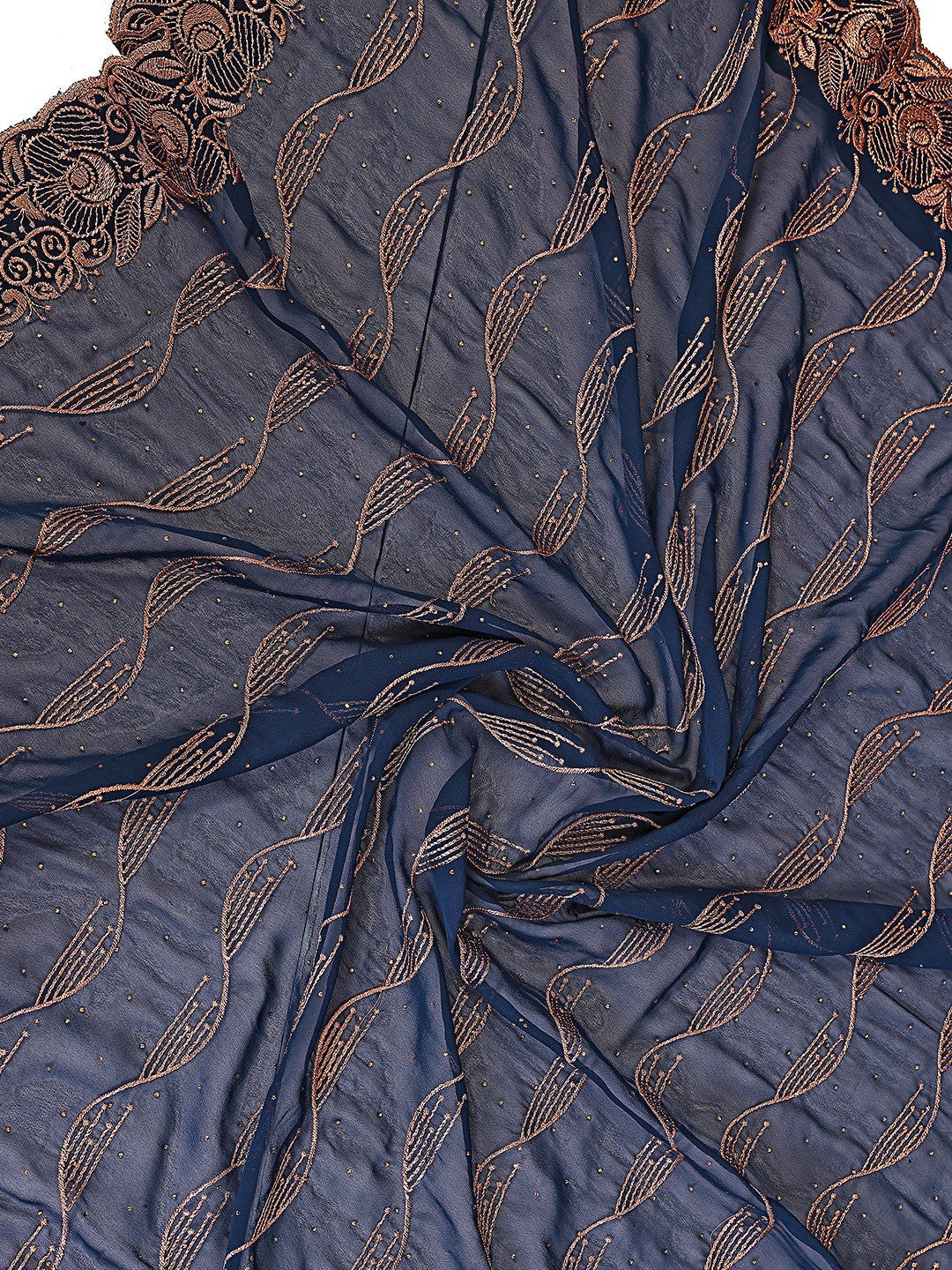 Sophisticated Navy Blue Floral Zari Work Star Georgette Saree With Swarovski Embellishment