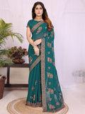 Premium Rama Green Floral Zari Embroidered Star Georgette Saree With Sparkling Swarovski Work