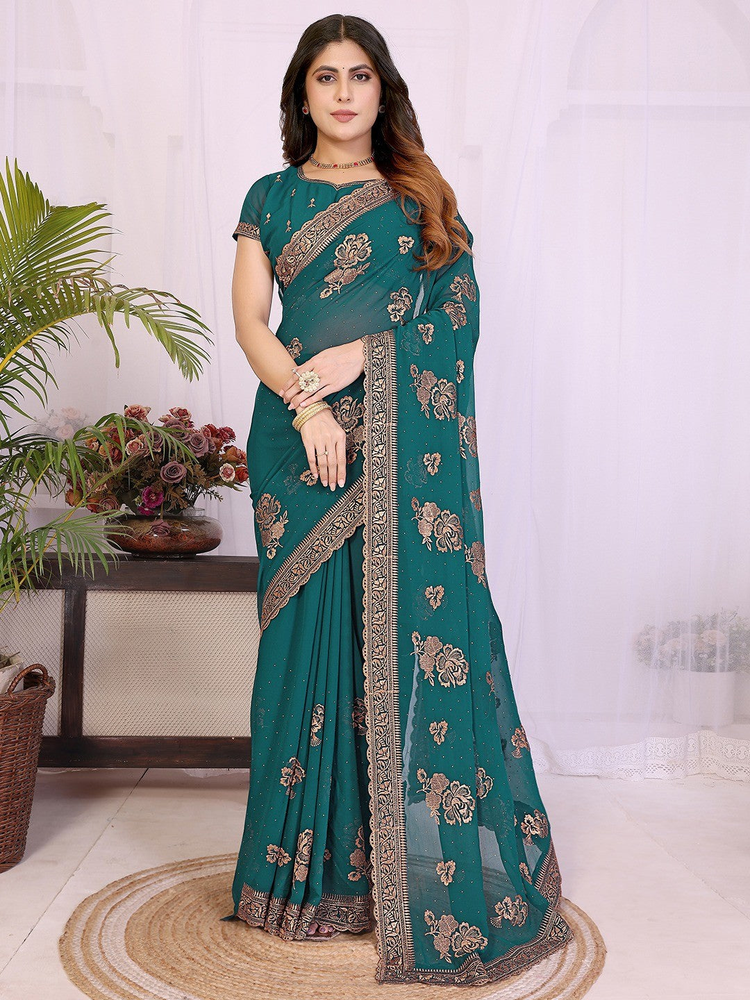 Premium Rama Green Floral Zari Embroidered Star Georgette Saree With Sparkling Swarovski Work