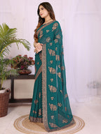 Premium Rama Green Floral Zari Embroidered Star Georgette Saree With Sparkling Swarovski Work