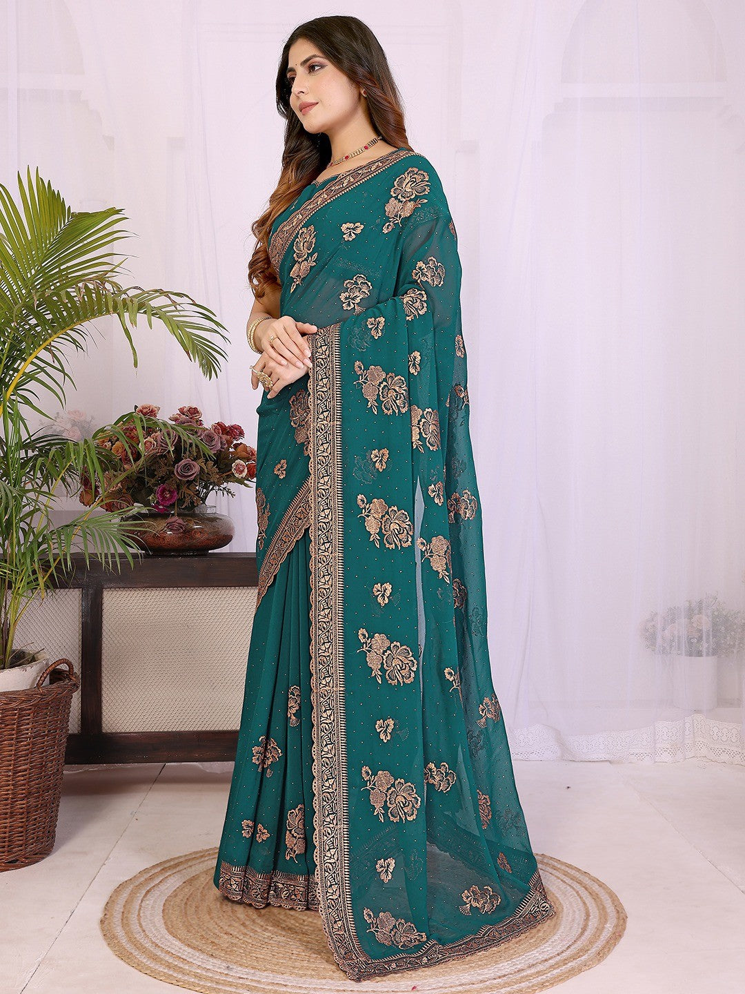 Premium Rama Green Floral Zari Embroidered Star Georgette Saree With Sparkling Swarovski Work
