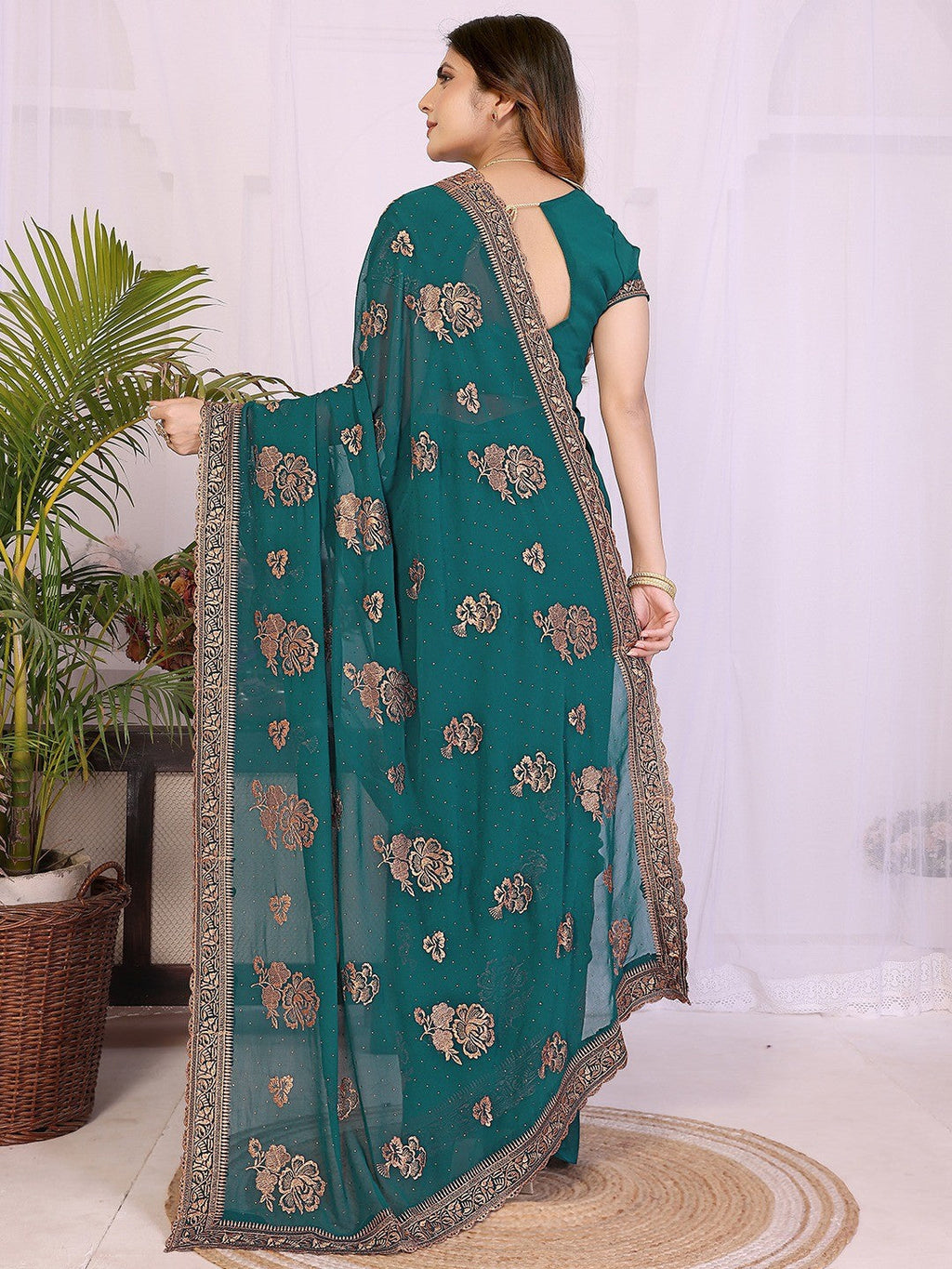 Premium Rama Green Floral Zari Embroidered Star Georgette Saree With Sparkling Swarovski Work