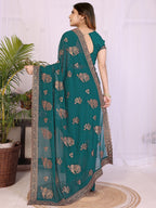 Premium Rama Green Floral Zari Embroidered Star Georgette Saree With Sparkling Swarovski Work