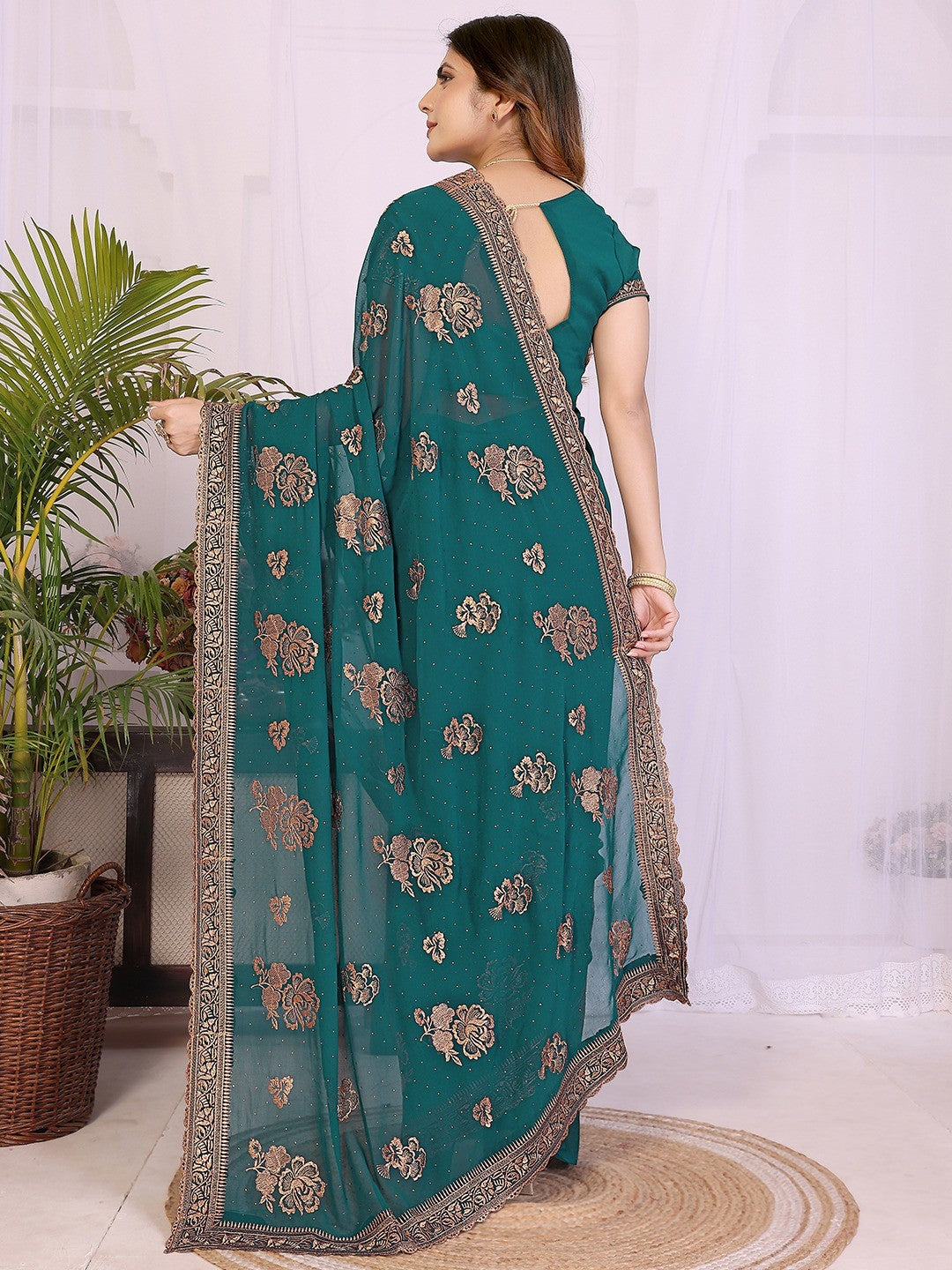 Premium Rama Green Floral Zari Embroidered Star Georgette Saree With Sparkling Swarovski Work