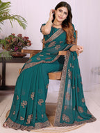 Premium Rama Green Floral Zari Embroidered Star Georgette Saree With Sparkling Swarovski Work