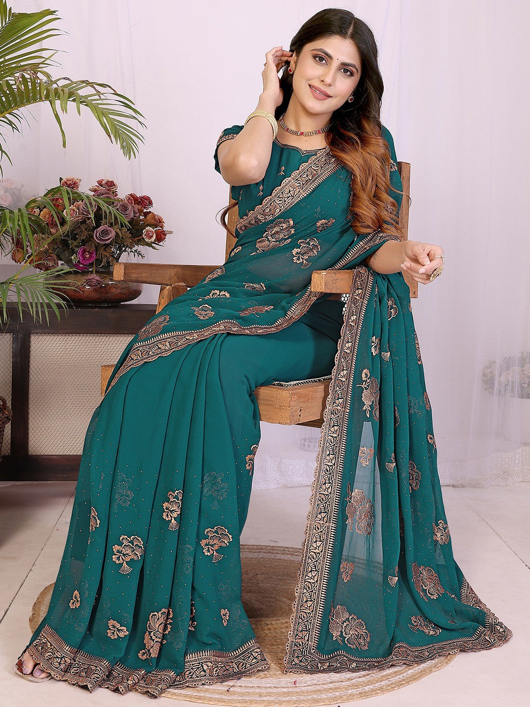 Premium Rama Green Floral Zari Embroidered Star Georgette Saree With Sparkling Swarovski Work