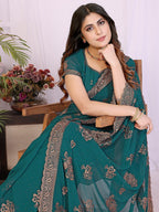 Premium Rama Green Floral Zari Embroidered Star Georgette Saree With Sparkling Swarovski Work