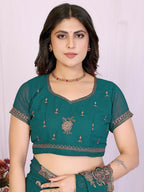 Premium Rama Green Floral Zari Embroidered Star Georgette Saree With Sparkling Swarovski Work