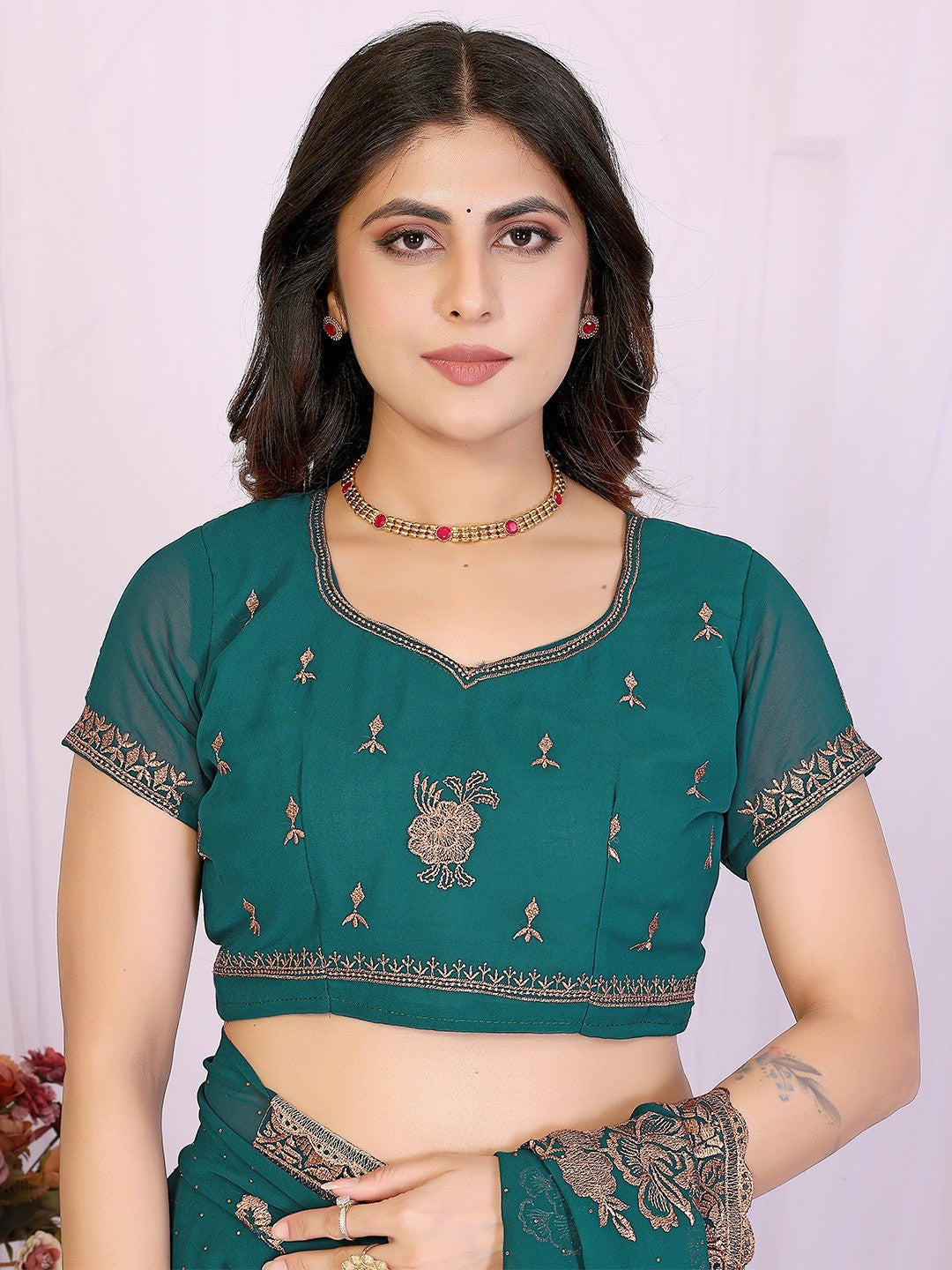 Premium Rama Green Floral Zari Embroidered Star Georgette Saree With Sparkling Swarovski Work
