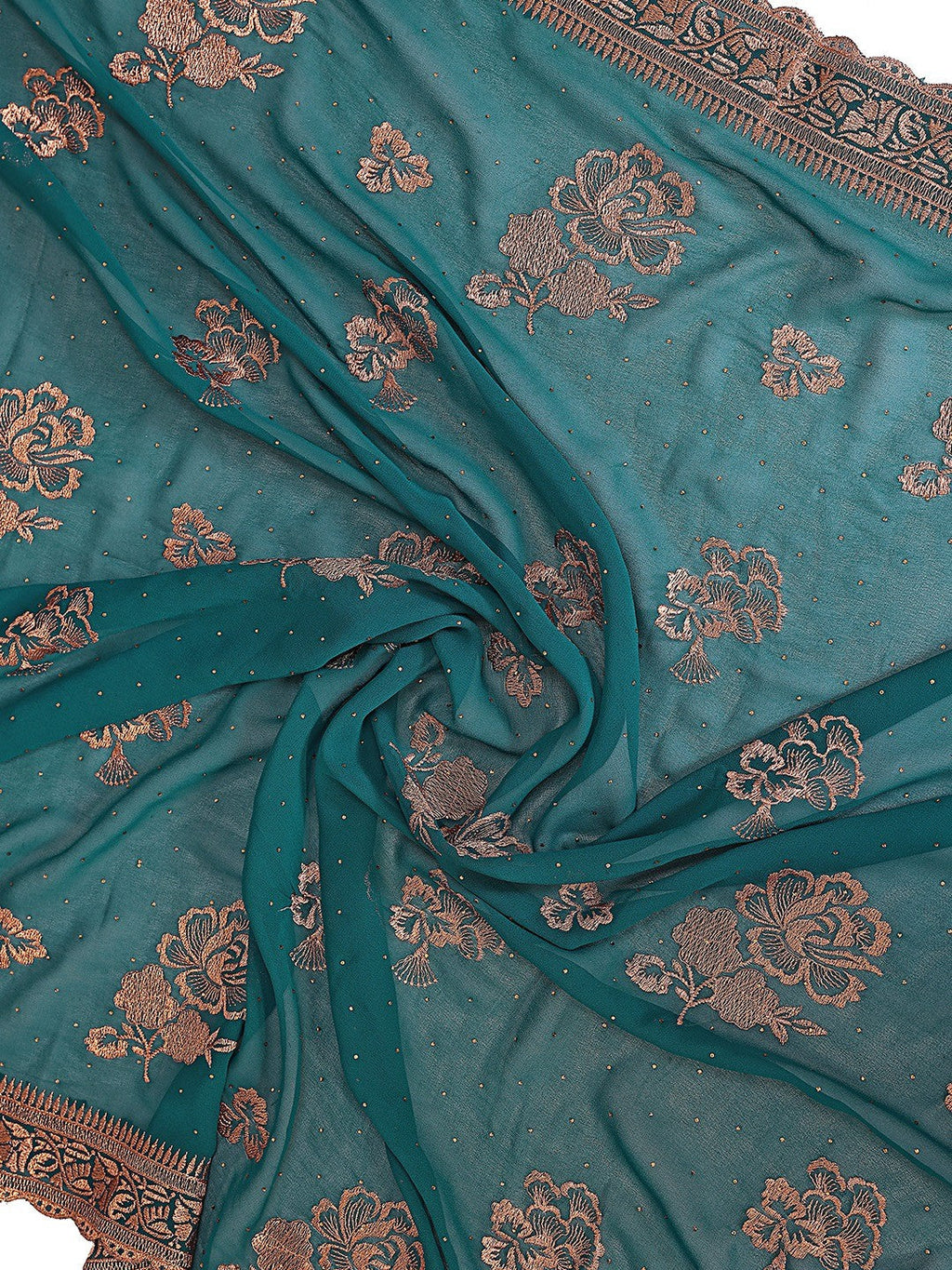 Premium Rama Green Floral Zari Embroidered Star Georgette Saree With Sparkling Swarovski Work