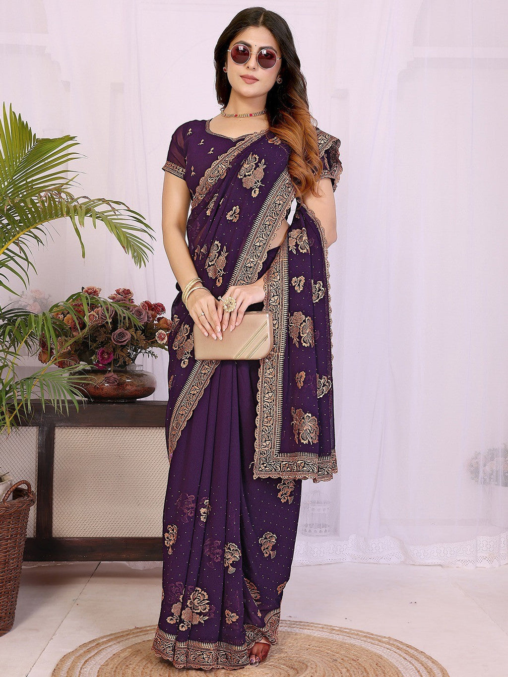 Premium Purple Floral Zari Embroidered Star Georgette Saree With Sparkling Swarovski Work