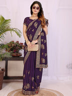 Premium Purple Floral Zari Embroidered Star Georgette Saree With Sparkling Swarovski Work