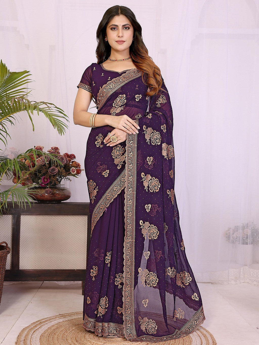 Premium Purple Floral Zari Embroidered Star Georgette Saree With Sparkling Swarovski Work