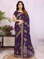 Premium Purple Floral Zari Embroidered Star Georgette Saree With Sparkling Swarovski Work