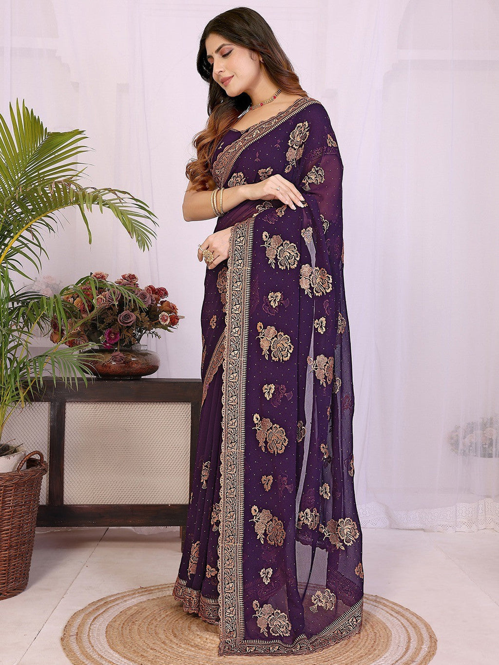 Premium Purple Floral Zari Embroidered Star Georgette Saree With Sparkling Swarovski Work