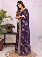 Premium Purple Floral Zari Embroidered Star Georgette Saree With Sparkling Swarovski Work